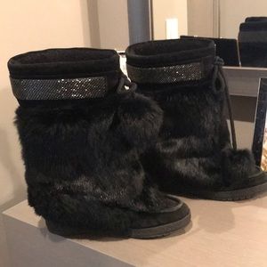 Black Coach Rabbit Fur boots with wedge heel